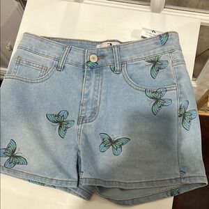 Blue and Green Butterfly Print Jean Shorts